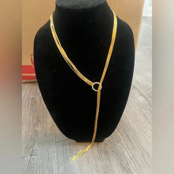 Gold Minimalistic Long Multi-strand Necklace With A Rhinestone Encrusted Accent - Picture 2 of 7